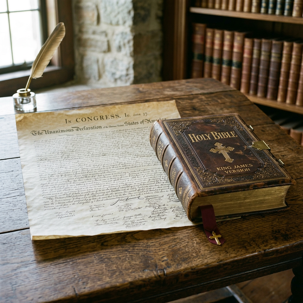 Declaration of Independence document next to a vintage King James Bible with ornate cover on wooden desk