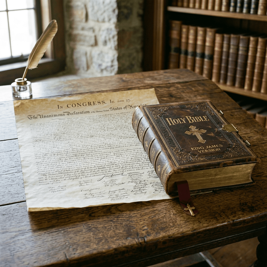 Declaration of Independence document next to a vintage King James Bible with ornate cover on wooden desk