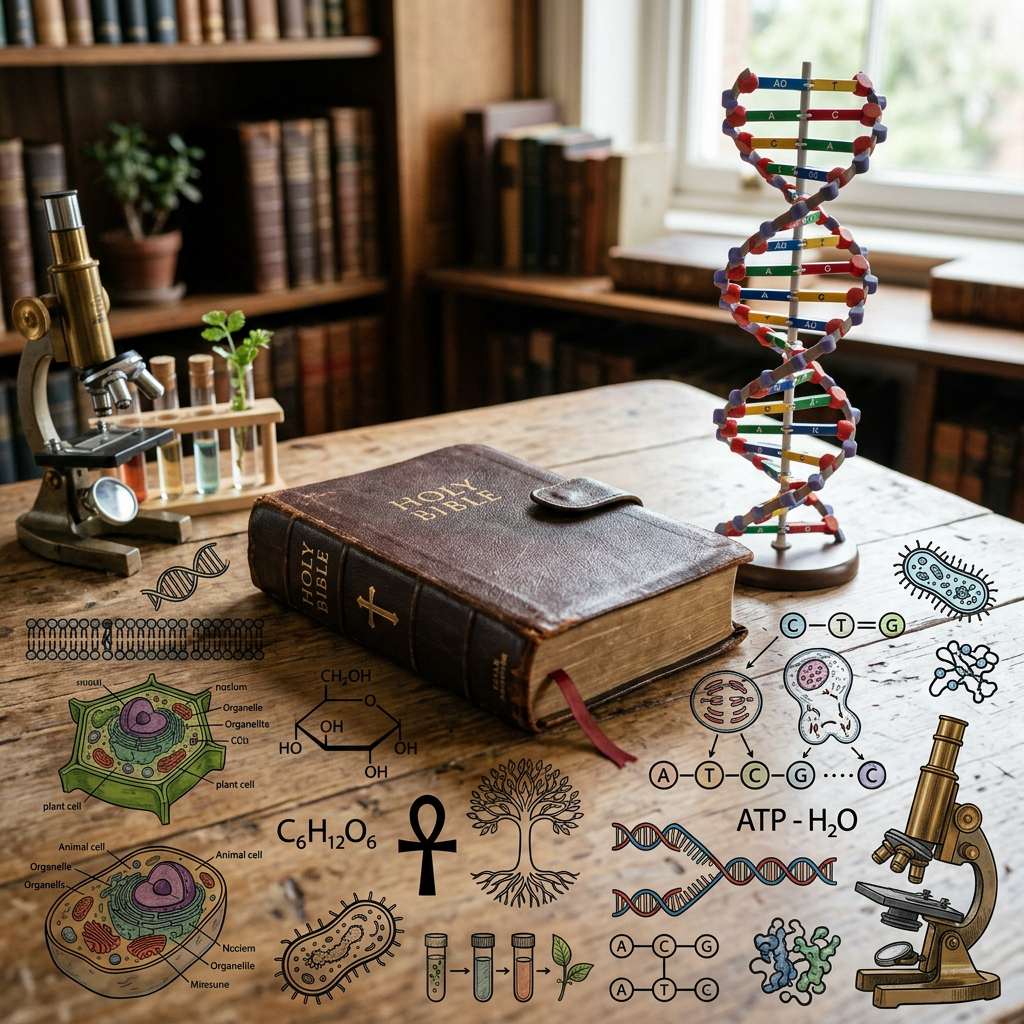 Holy Bible on table with DNA model, microscopes, and biological illustrations