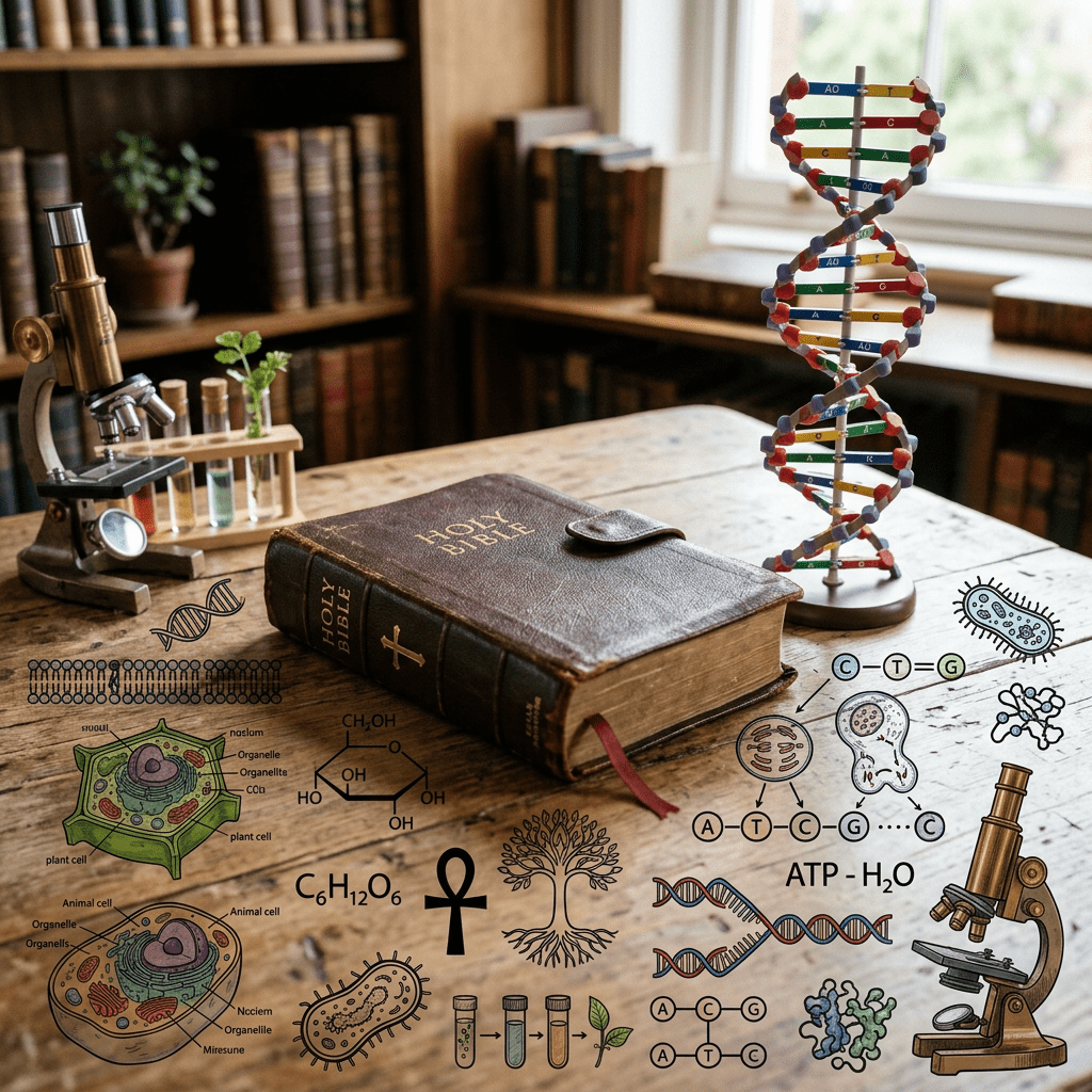 Holy Bible on table with DNA model, microscopes, and biological illustrations