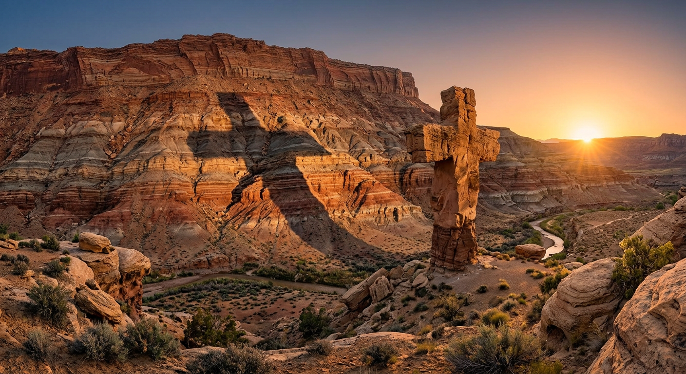 Rock formation casting cross-shaped shadow on canyon wall at sunset