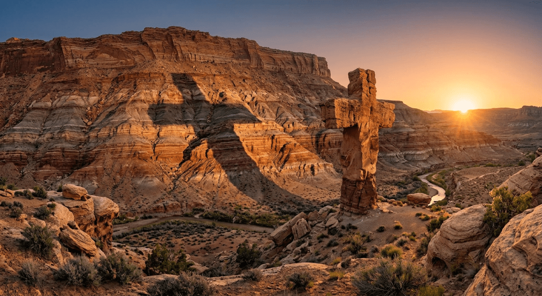 Rock formation casting cross-shaped shadow on canyon wall at sunset