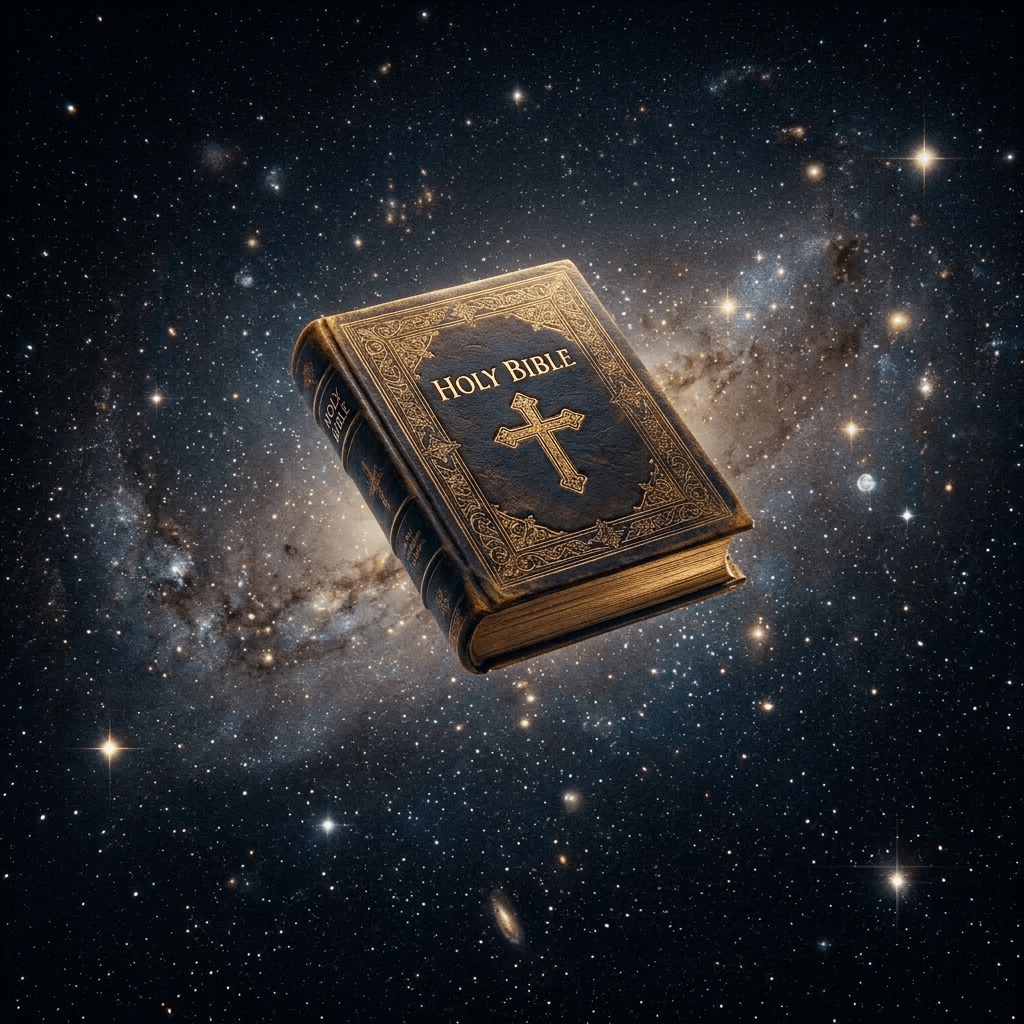 A Holy Bible with a cross on the cover floats amid stars, galaxies, and Earth