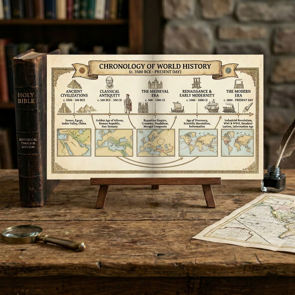Timeline of biblical and world history events from creation to early church and apostles.