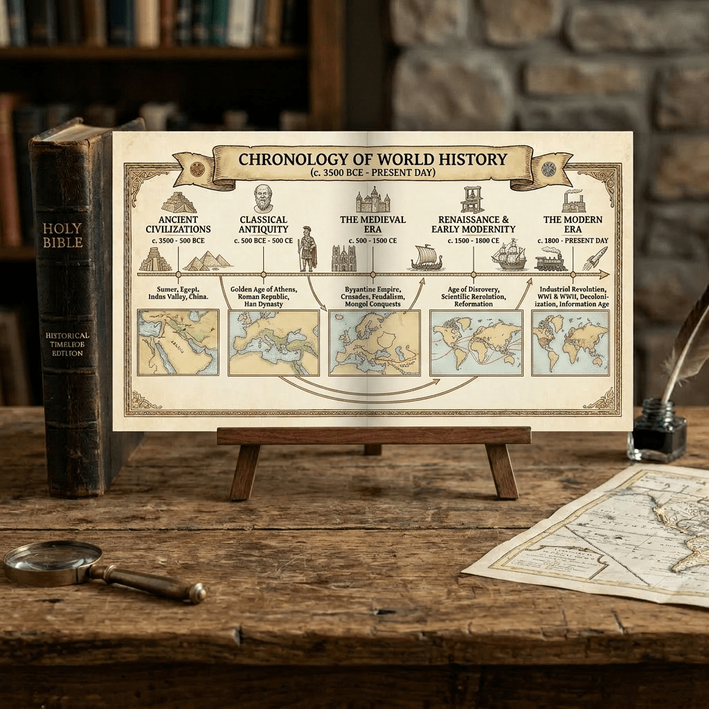 Timeline of biblical and world history events from creation to early church and apostles.