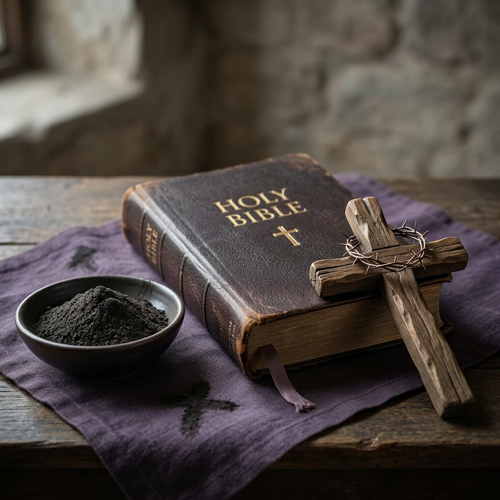 Holy Bible with wooden cross and bowl of ashes on purple cloth