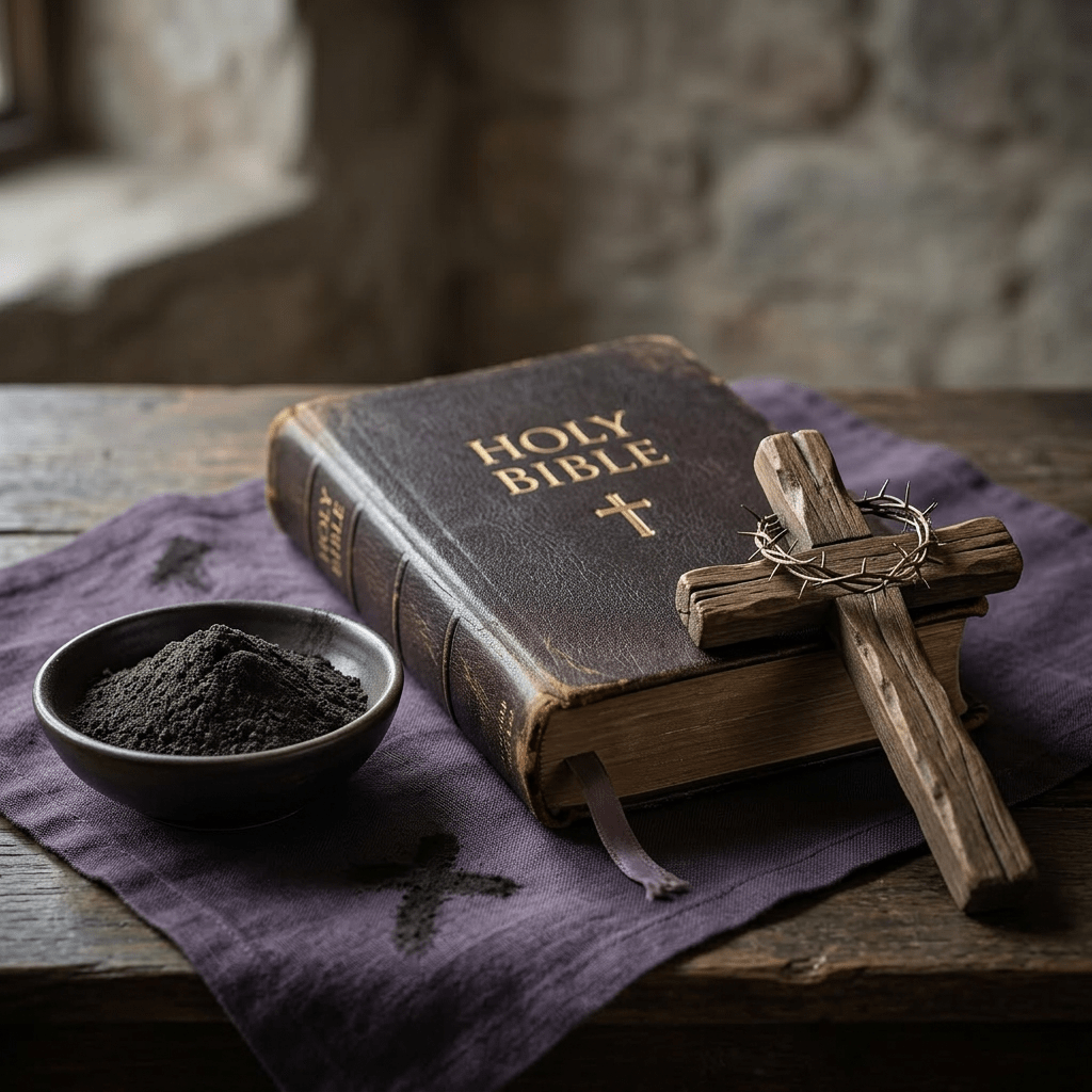 Holy Bible with wooden cross and bowl of ashes on purple cloth