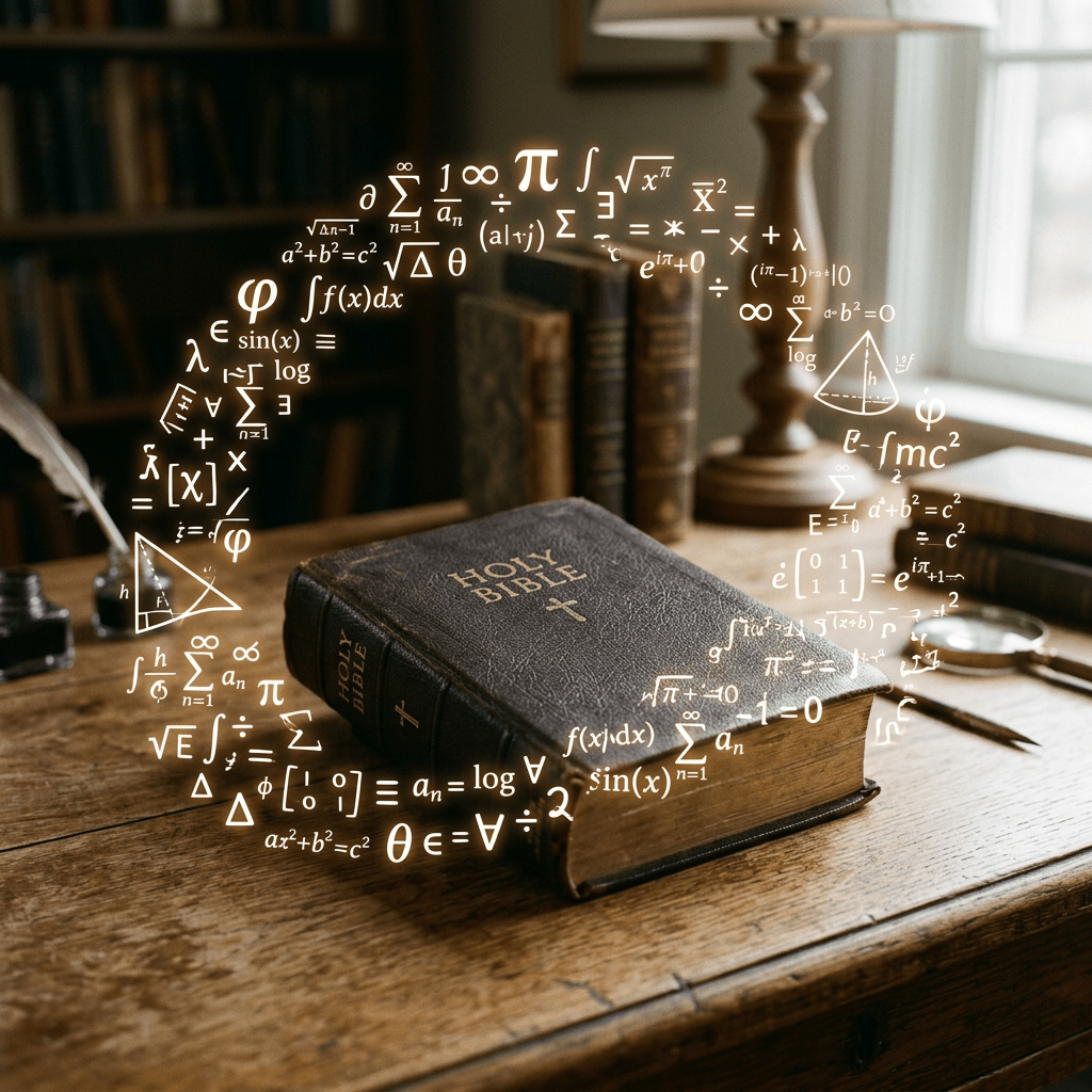 Holy Bible on wooden desk with floating mathematical symbols and equations around it