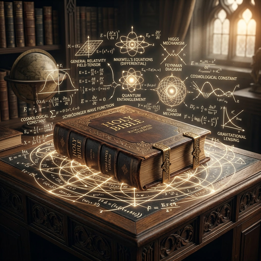 Holy Bible on wooden table with glowing scientific equations and diagrams overlay