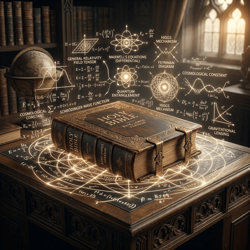 Holy Bible on wooden table with glowing scientific equations and diagrams overlay