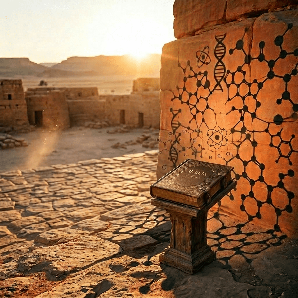 Man in ancient clothing with raised arms casting shadow over wall with DNA and molecular structures