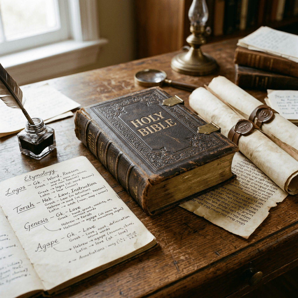 Old leather-bound Holy Bible with handwritten notes and sealed scrolls on wooden table