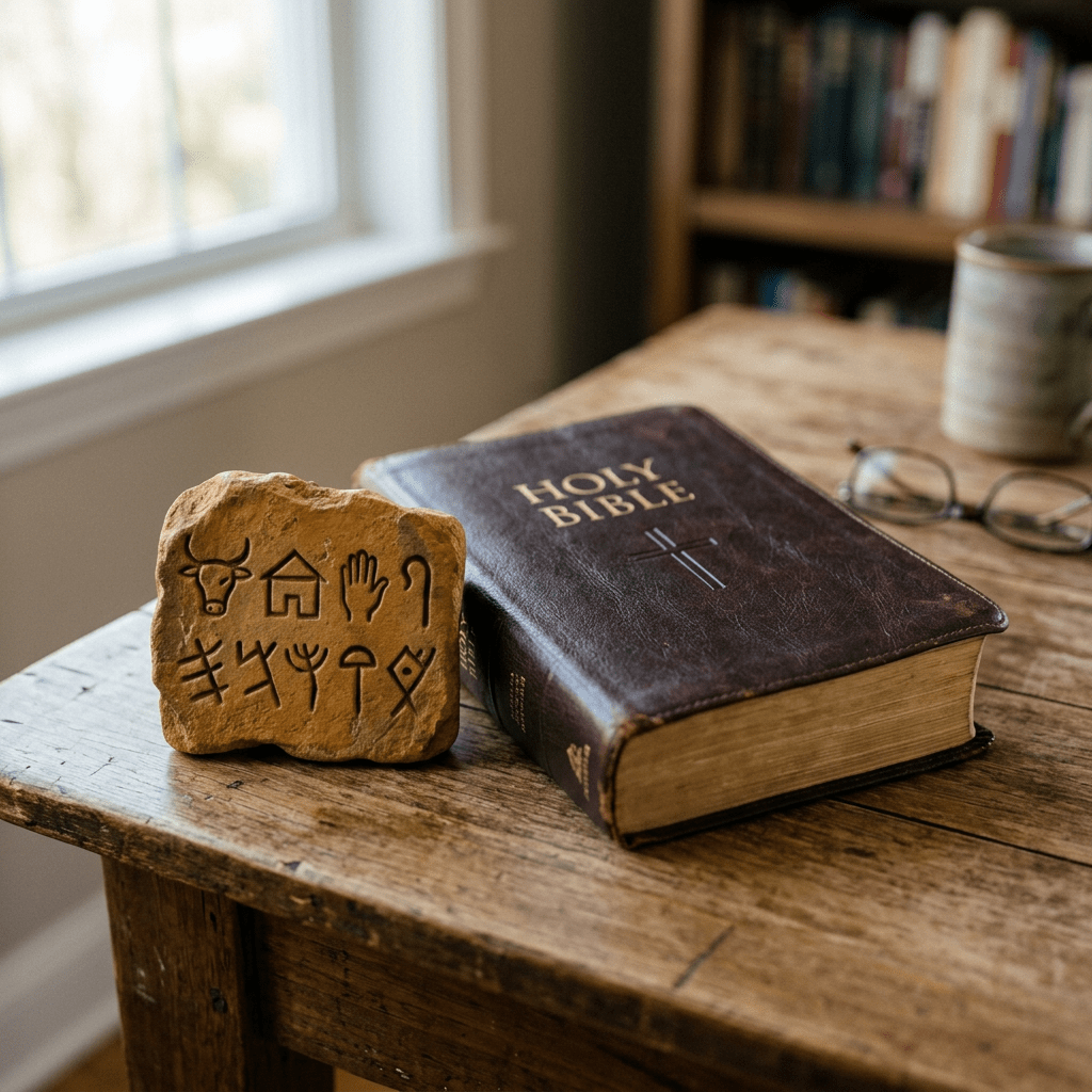 Carved stone with ancient symbols next to a leather-bound Holy Bible on a wooden table