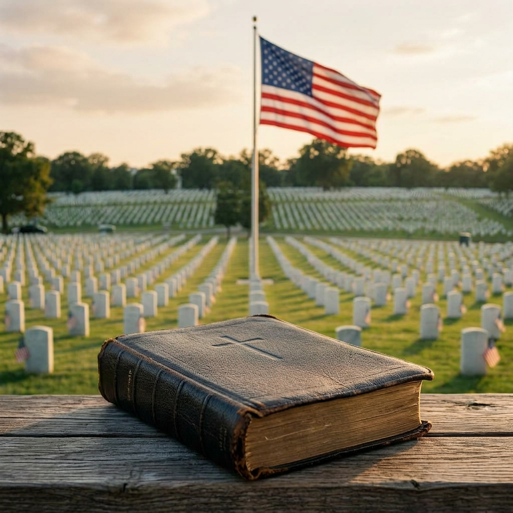 Leather-bound Bible on wooden surface with American flag and military graves behind