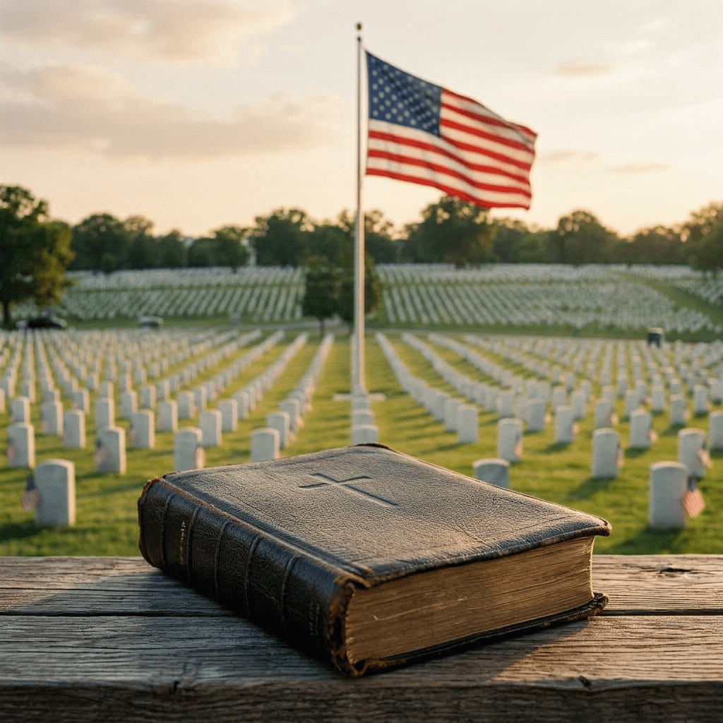 Leather-bound Bible on wooden surface with American flag and military graves behind