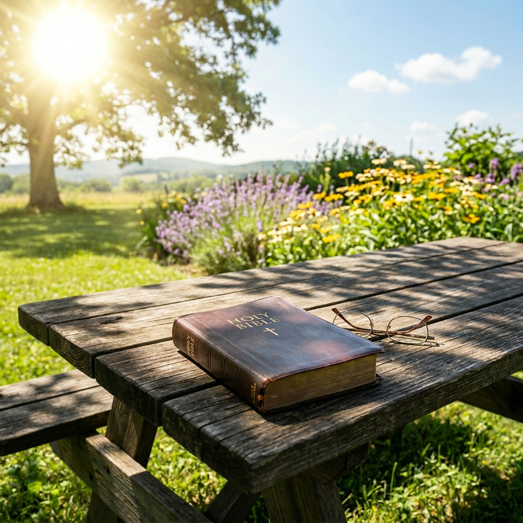 Bible, glasses, and iced tea with lemon on wooden picnic table outdoors