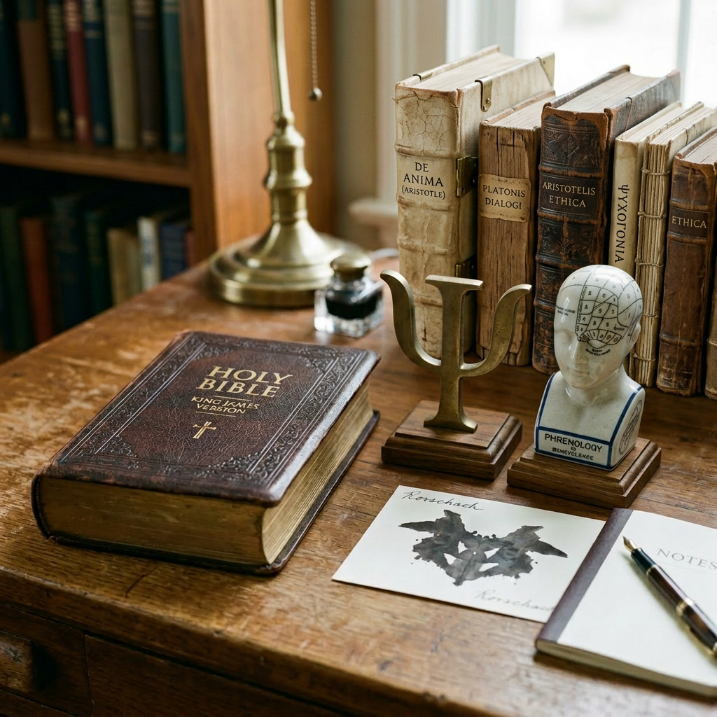 Holy Bible, psychology symbol, phrenology head, Rorschach card, and psychology books on desk