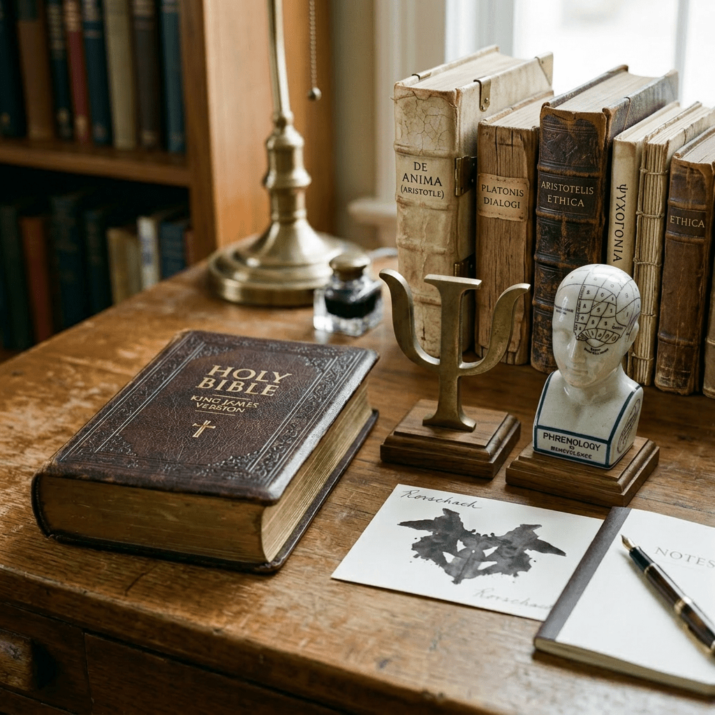 Holy Bible, psychology symbol, phrenology head, Rorschach card, and psychology books on desk