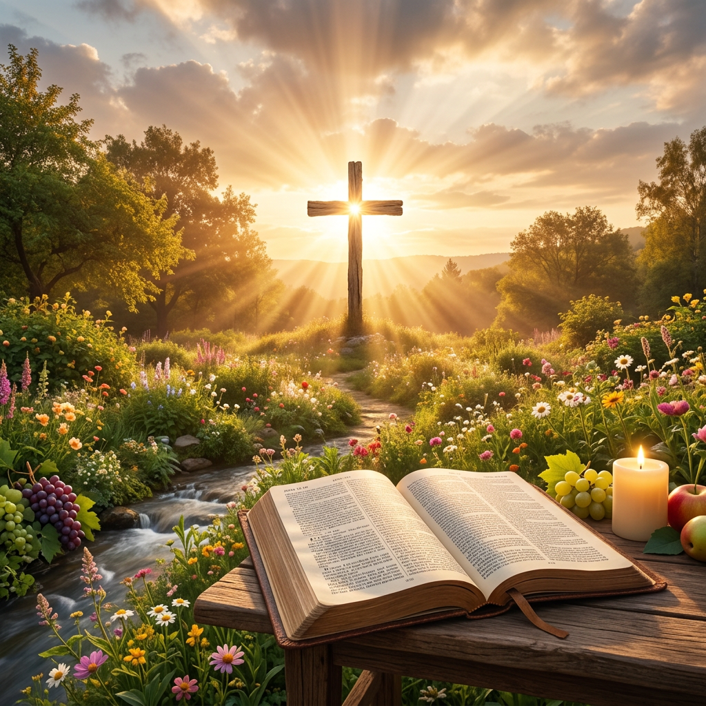Open Bible on table with glowing cross and sunrise in garden
