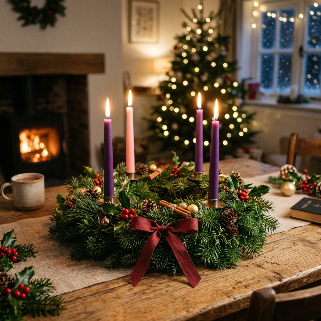 Advent wreath with three purple candles, one pink candle, pine branches, pine cones, cinnamon sticks, and red berries on a wooden table