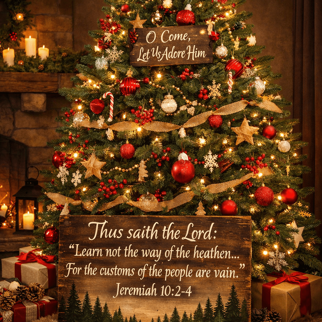 Christmas tree decorated with red and gold ornaments, lights, and signs with Bible verses