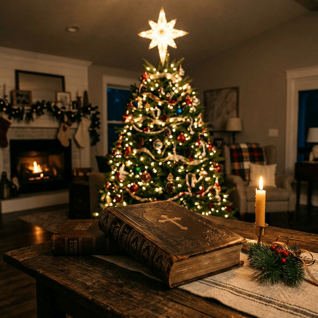 Open Bible on wooden table with lit candle and Christmas tree in background