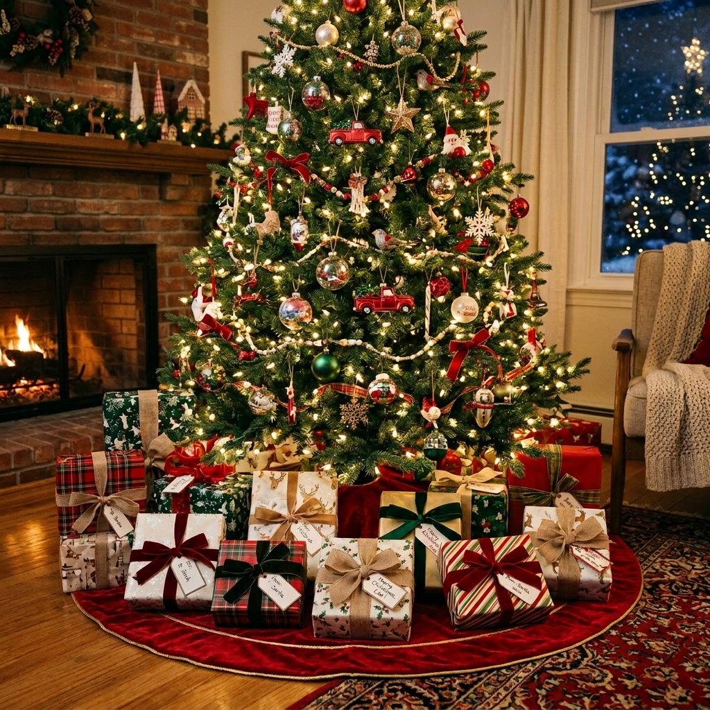 Decorated Christmas tree with lights, ornaments, and wrapped gifts beneath it.