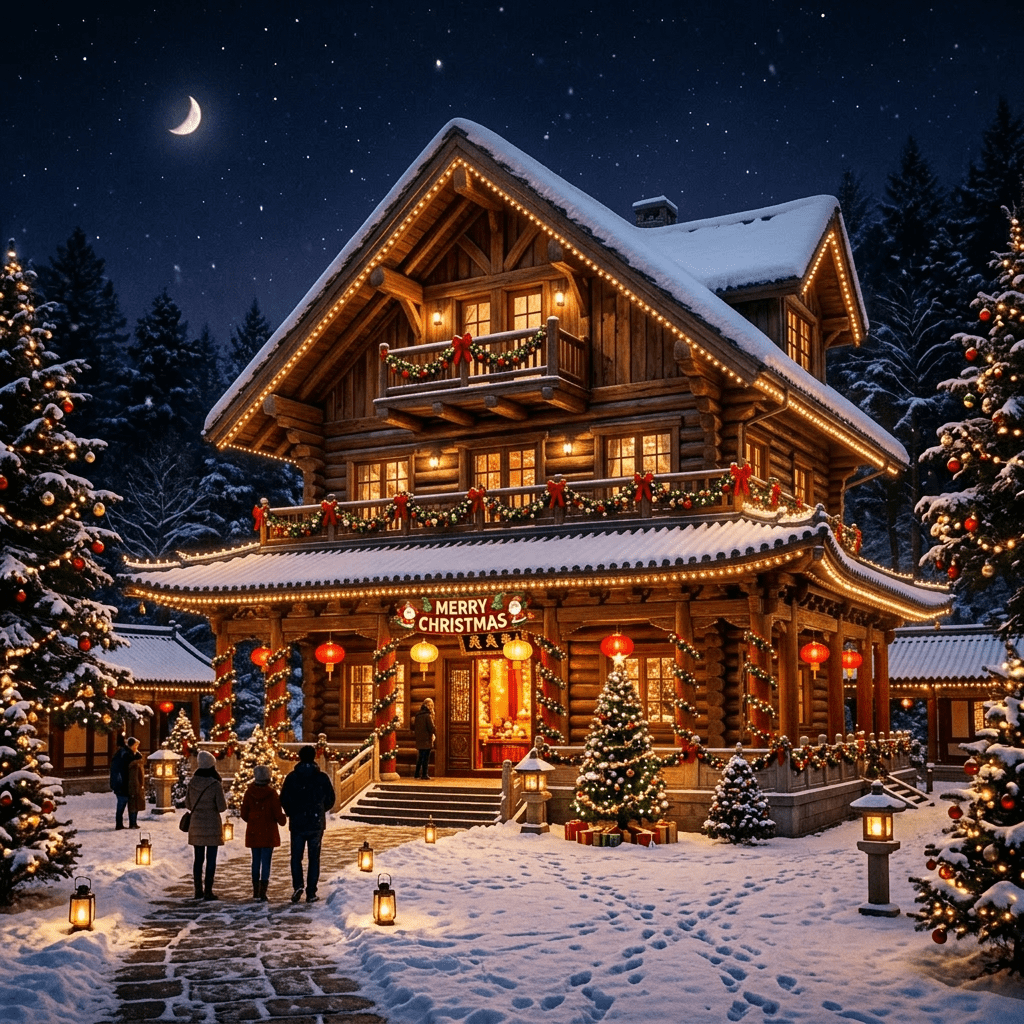 Traditional temple adorned with Christmas lights, wreaths, and snow, with people walking toward it under a crescent moon.