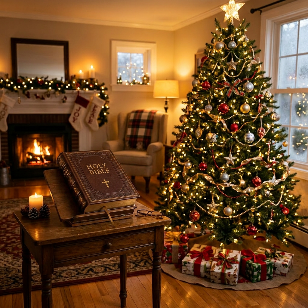 Christmas tree with ornaments and gifts next to a fireplace and an open Bible on a wooden table