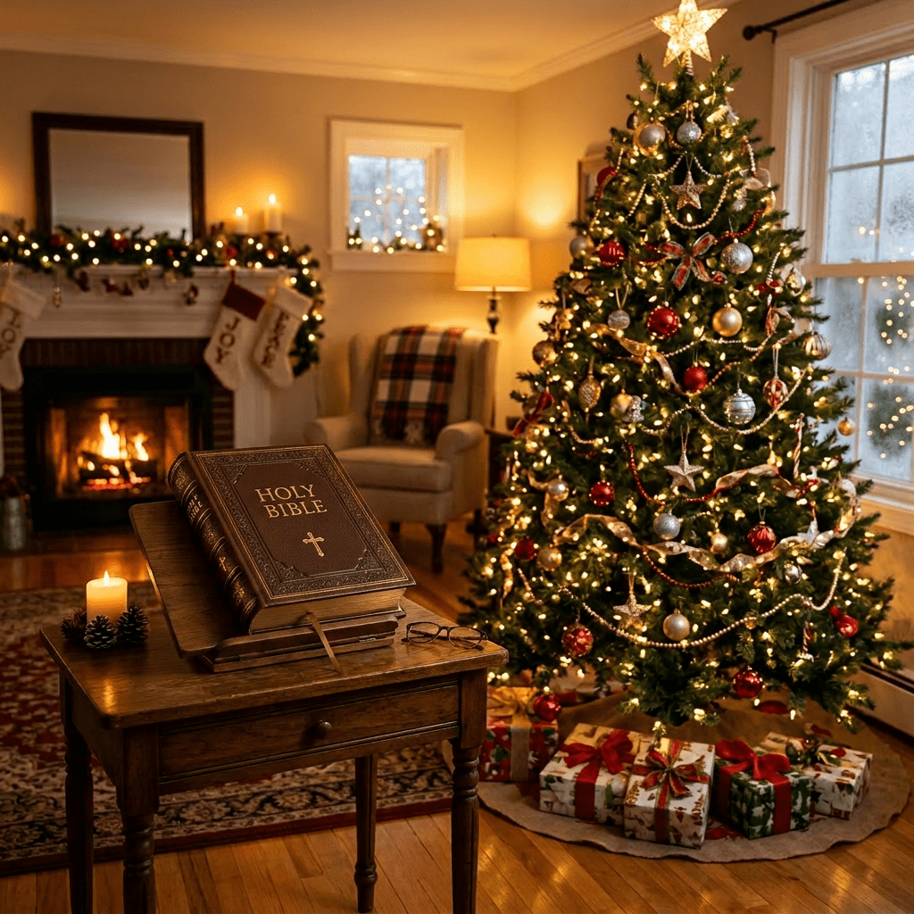 Christmas tree with ornaments and gifts next to a fireplace and an open Bible on a wooden table