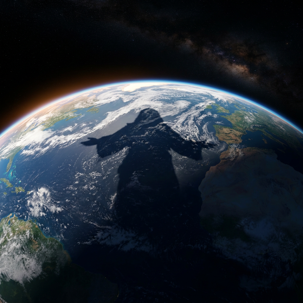Shadow of a figure resembling Jesus cast over Earth from space view