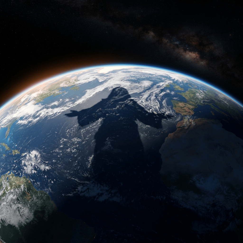 Shadow of a figure resembling Jesus cast over Earth from space view