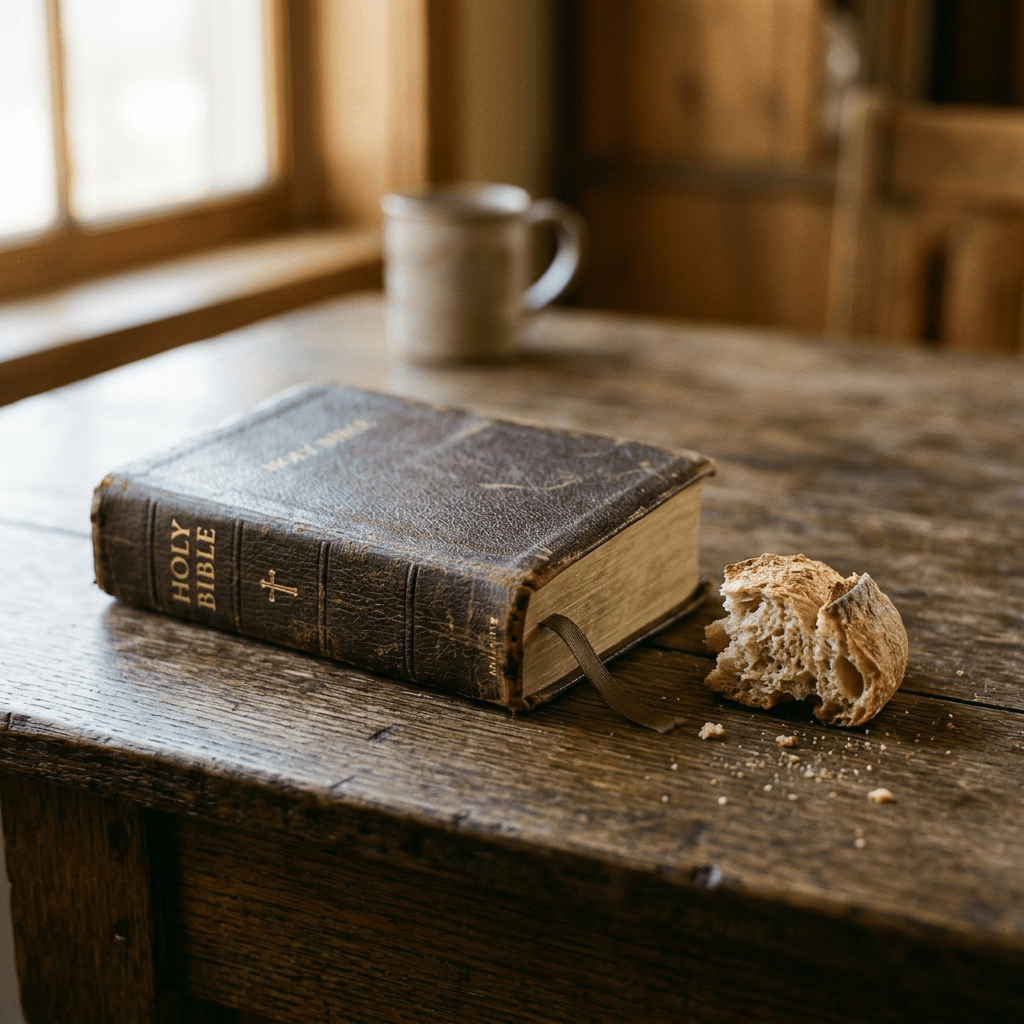 Worn Holy Bible and torn bread on wooden table