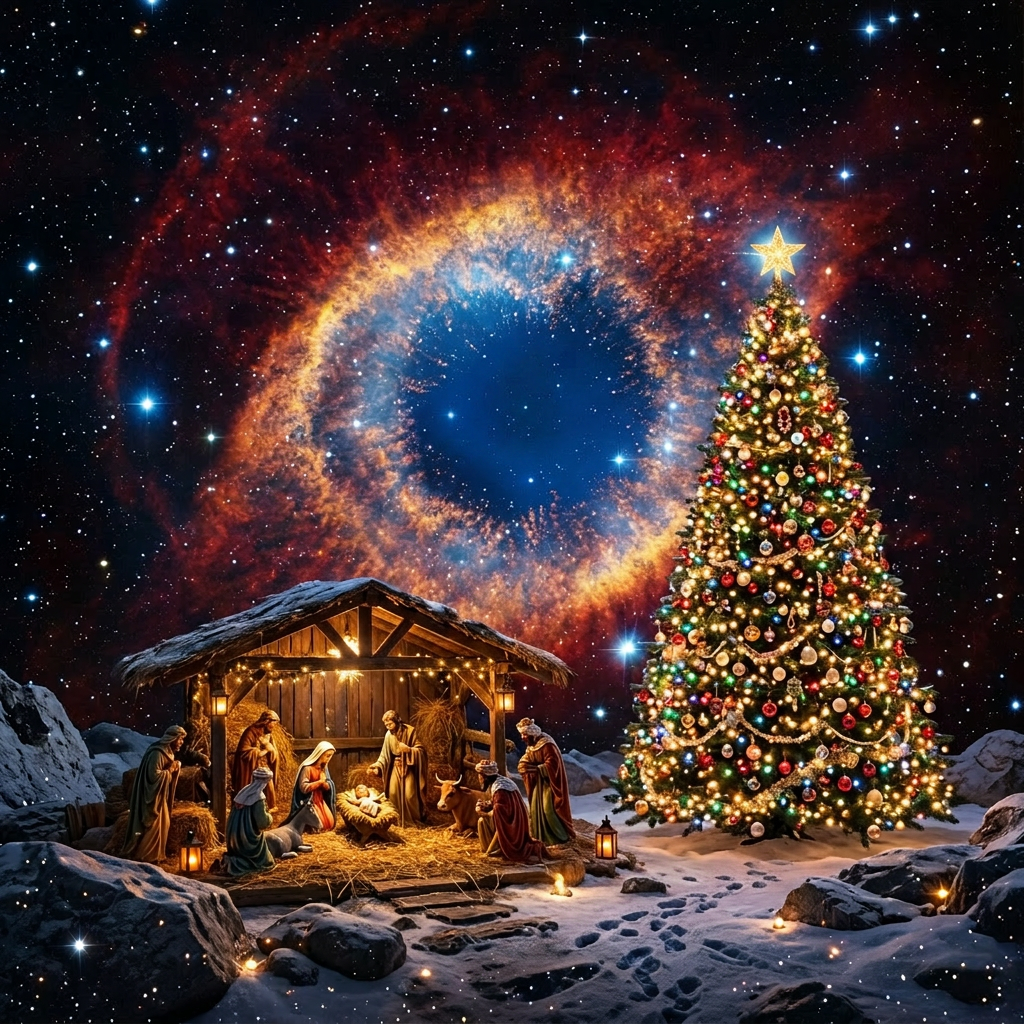 Nativity scene with figures around baby Jesus, decorated Christmas tree, and galaxy background