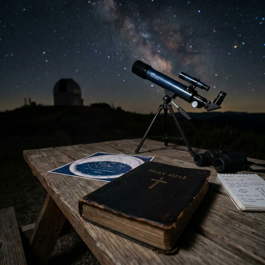 Telescope, Bible, flashlight, star chart, binoculars, and notebook on wooden table at night with Milky Way