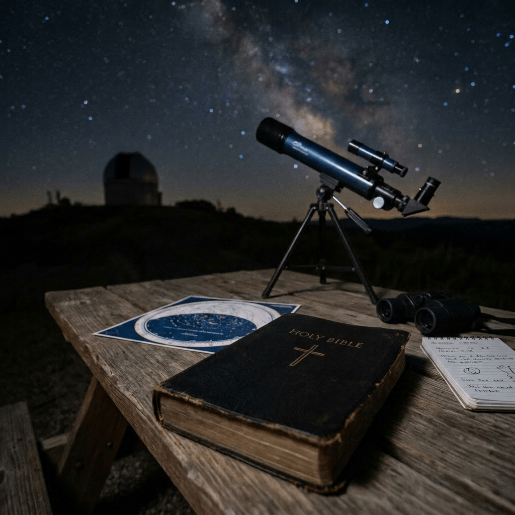 Telescope, Bible, flashlight, star chart, binoculars, and notebook on wooden table at night with Milky Way