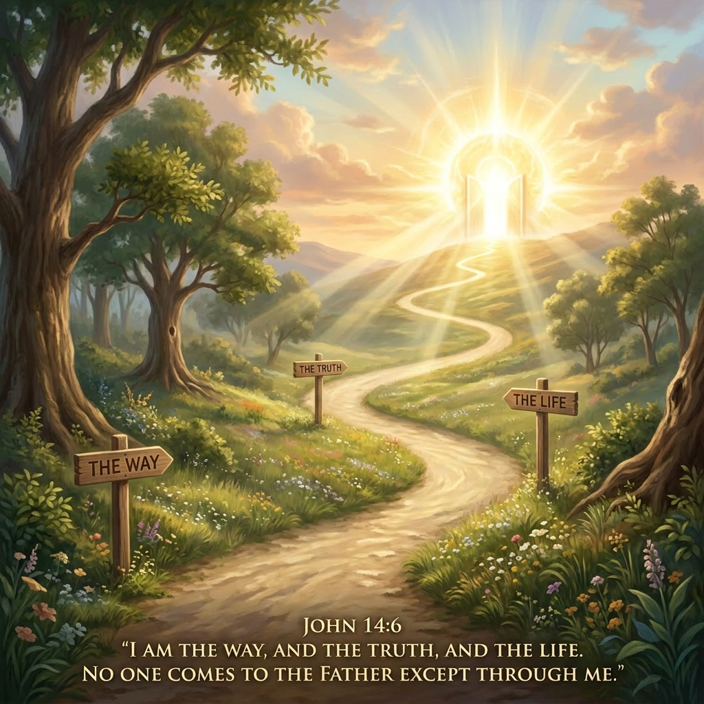 A family walking on a path towards a radiant open door with signs labeled The Way, The Truth, and The Life