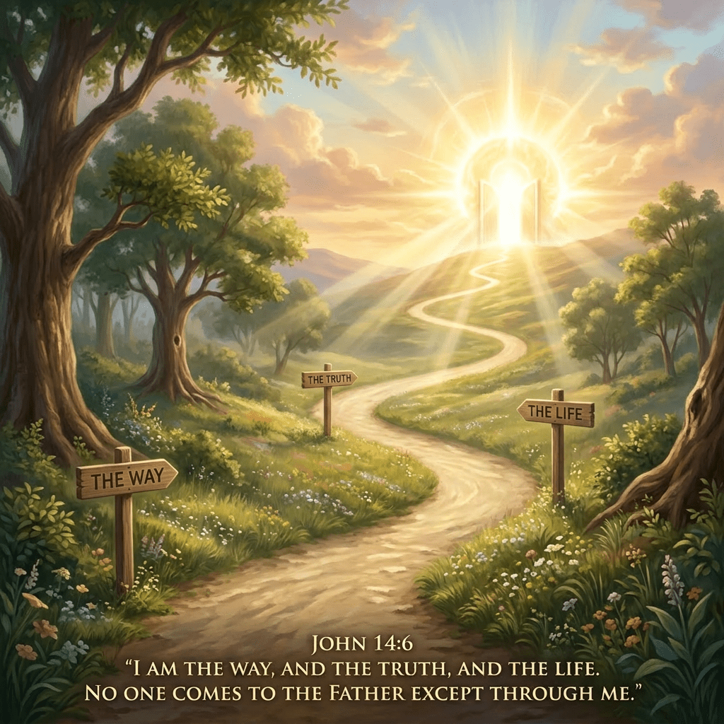 A family walking on a path towards a radiant open door with signs labeled The Way, The Truth, and The Life