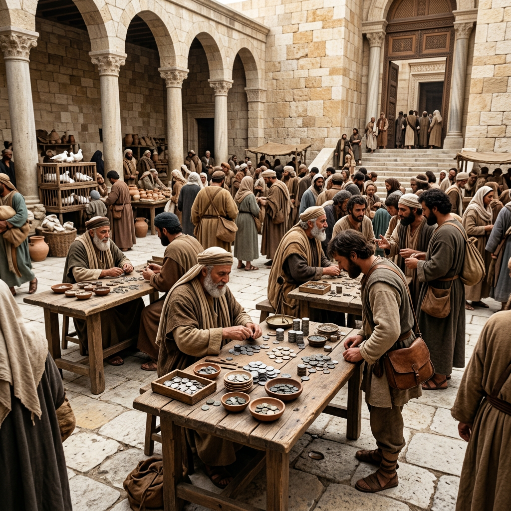 Ancient marketplace with people trading coins at tables beneath stone arches