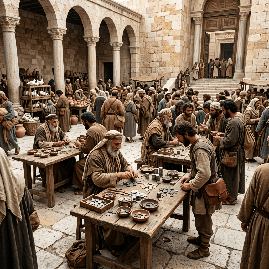 Ancient marketplace with people trading coins at tables beneath stone arches