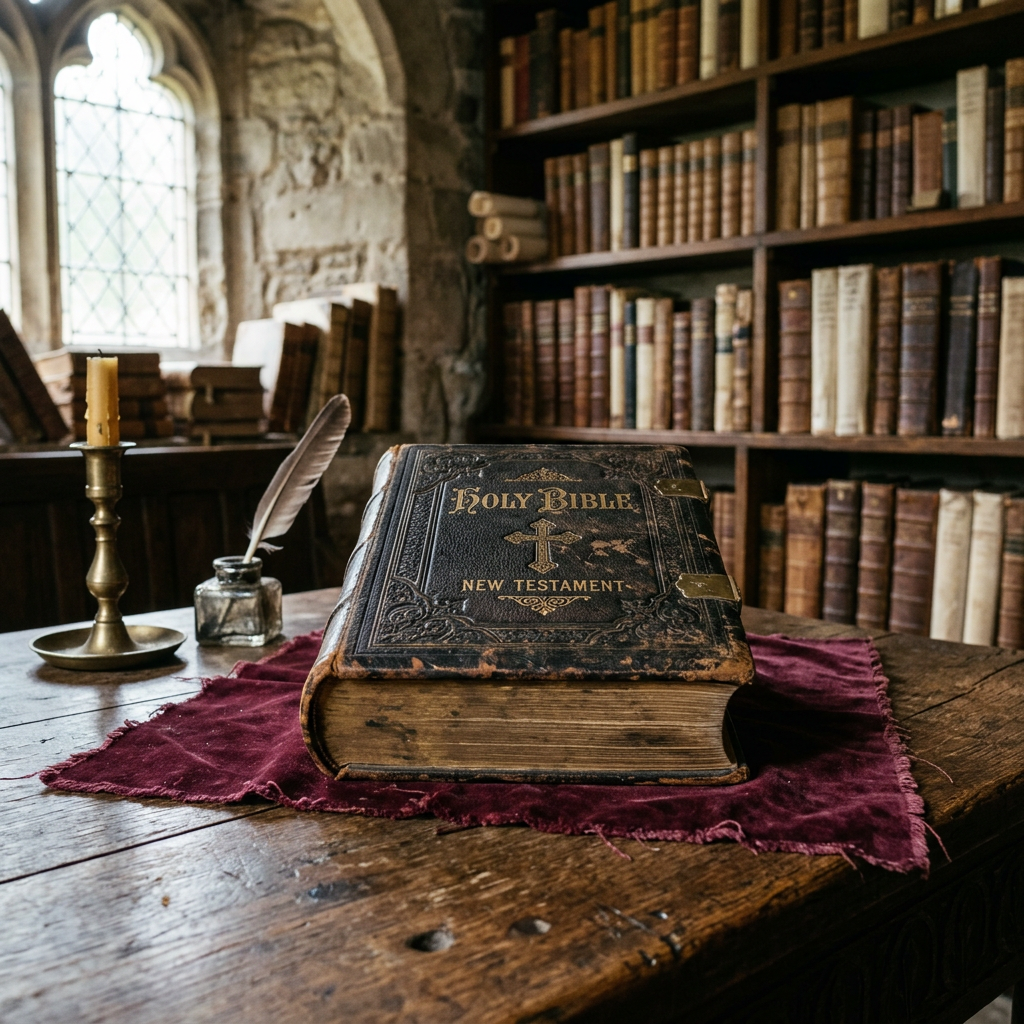 Worn Holy Bible New Testament on a wooden table with quill and candle