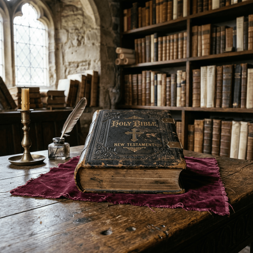 Worn Holy Bible New Testament on a wooden table with quill and candle