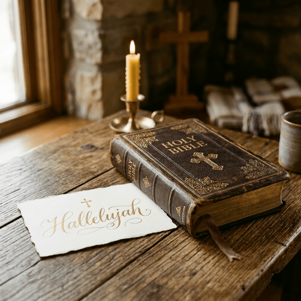 Old Holy Bible with gold lettering on wooden table beside lit candle, rosary beads, and a card reading Hallelujah
