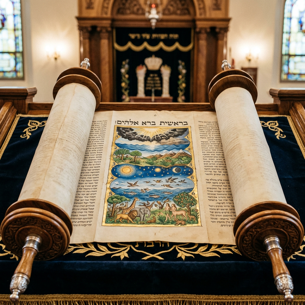 Open Torah scroll with Hebrew text and an illustrated creation scene inside a synagogue