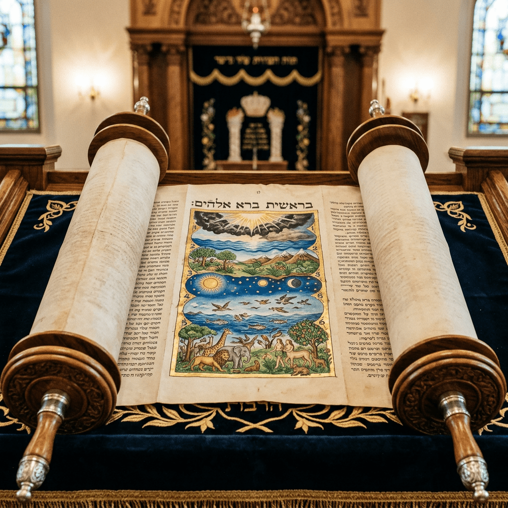 Open Torah scroll with Hebrew text and an illustrated creation scene inside a synagogue