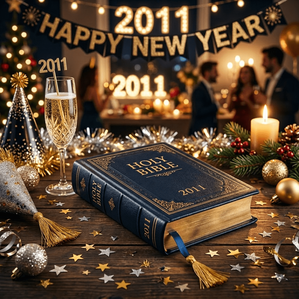 Holy Bible 2024 edition on table surrounded by New Year 2024 decorations and party hats