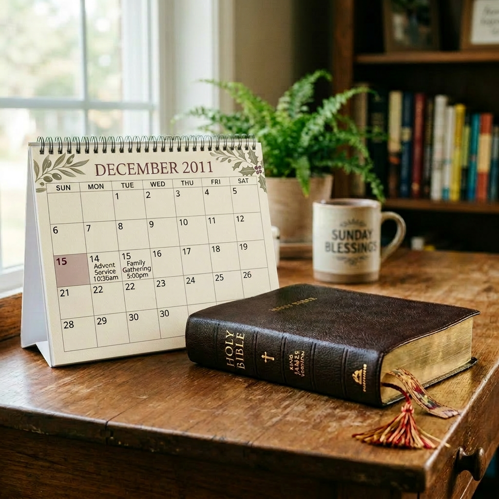 October 2023 calendar with church service circled, Bible and coffee mug on table