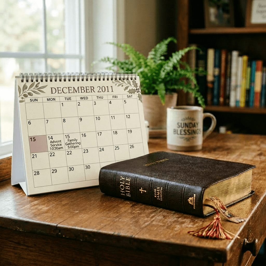 October 2023 calendar with church service circled, Bible and coffee mug on table