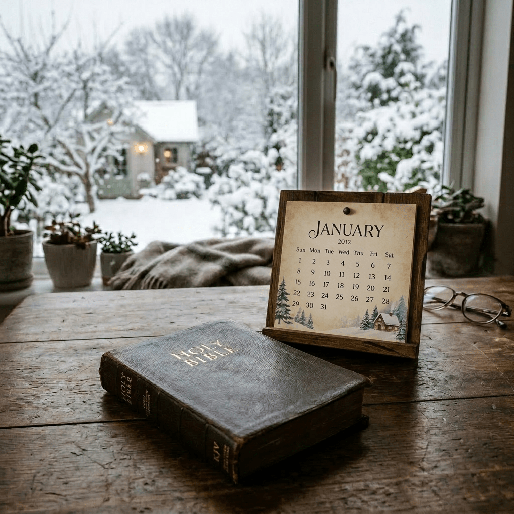 Bible on wooden table with January 2024 calendar and steaming tea cup labeled Cozy Winter