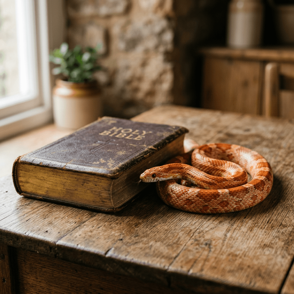 Corn snake coiled beside an old Holy Bible on a wooden table